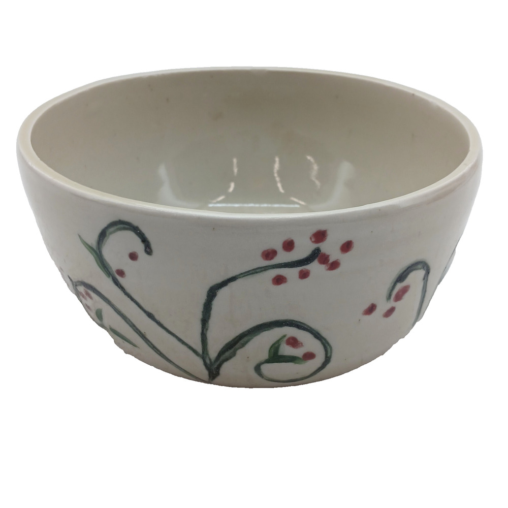 Hand-Painted Ceramic Bowl Red Green Vines Design – Rustic Pottery Decor 5.5"